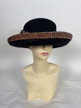 TinaLuxe Black Wool Hat With Leopard Print Trim & Floral Accent - Elegant Design